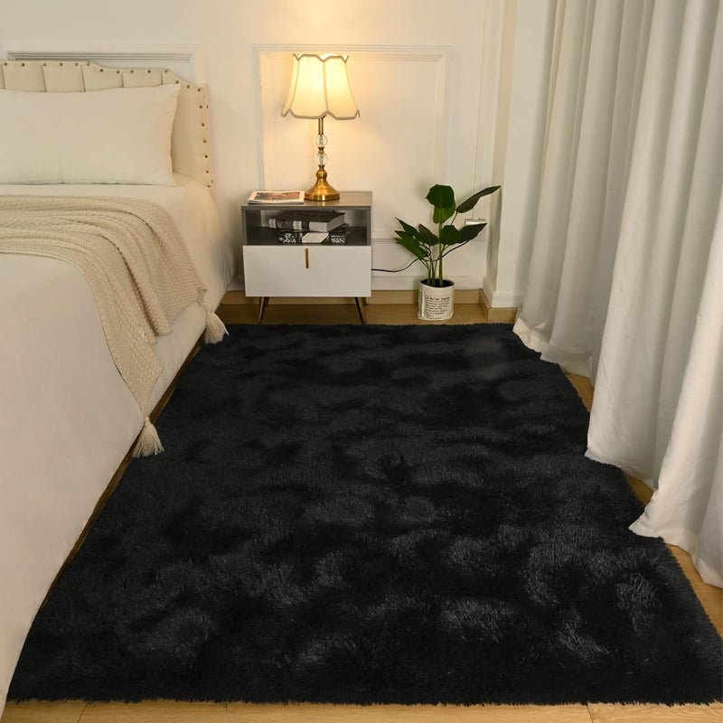 Softlife Black Area Rug for Bedroom, Fluffy Shag Plush Rugs for Living Room Girls, Shaggy Throw Soft Fuzzy Small Kids Carpet for Dorm Bedside Ultra Cozy Non-Slip Indoor Decor, 4x5.3 Feet - Image 2
